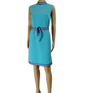 1970s Supreme Turquoise Blue Striped Texture Sleeveless High Neck Dress Size M